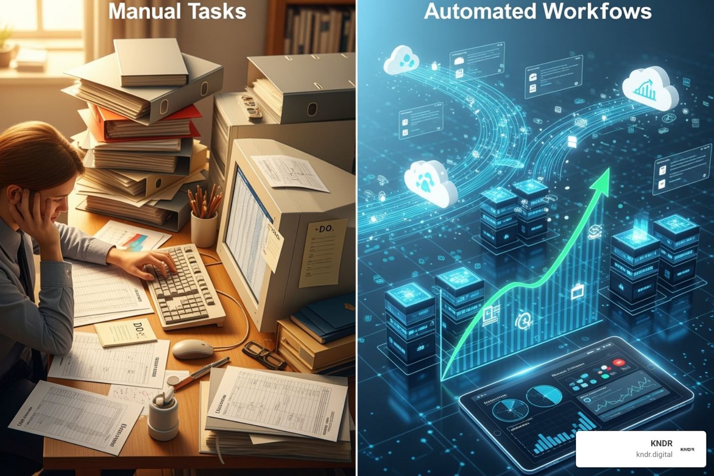 Diagram showing manual tasks vs. automated workflows - nonprofit fundraising automation Diagram showing manual tasks vs. automated workflows - nonprofit fundraising automation