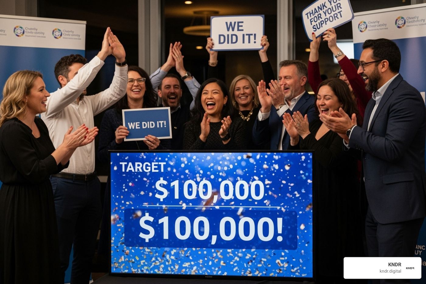 diverse group of people celebrating a fundraising goal achieved - charity donation automation diverse group of people celebrating a fundraising goal achieved - charity donation automation