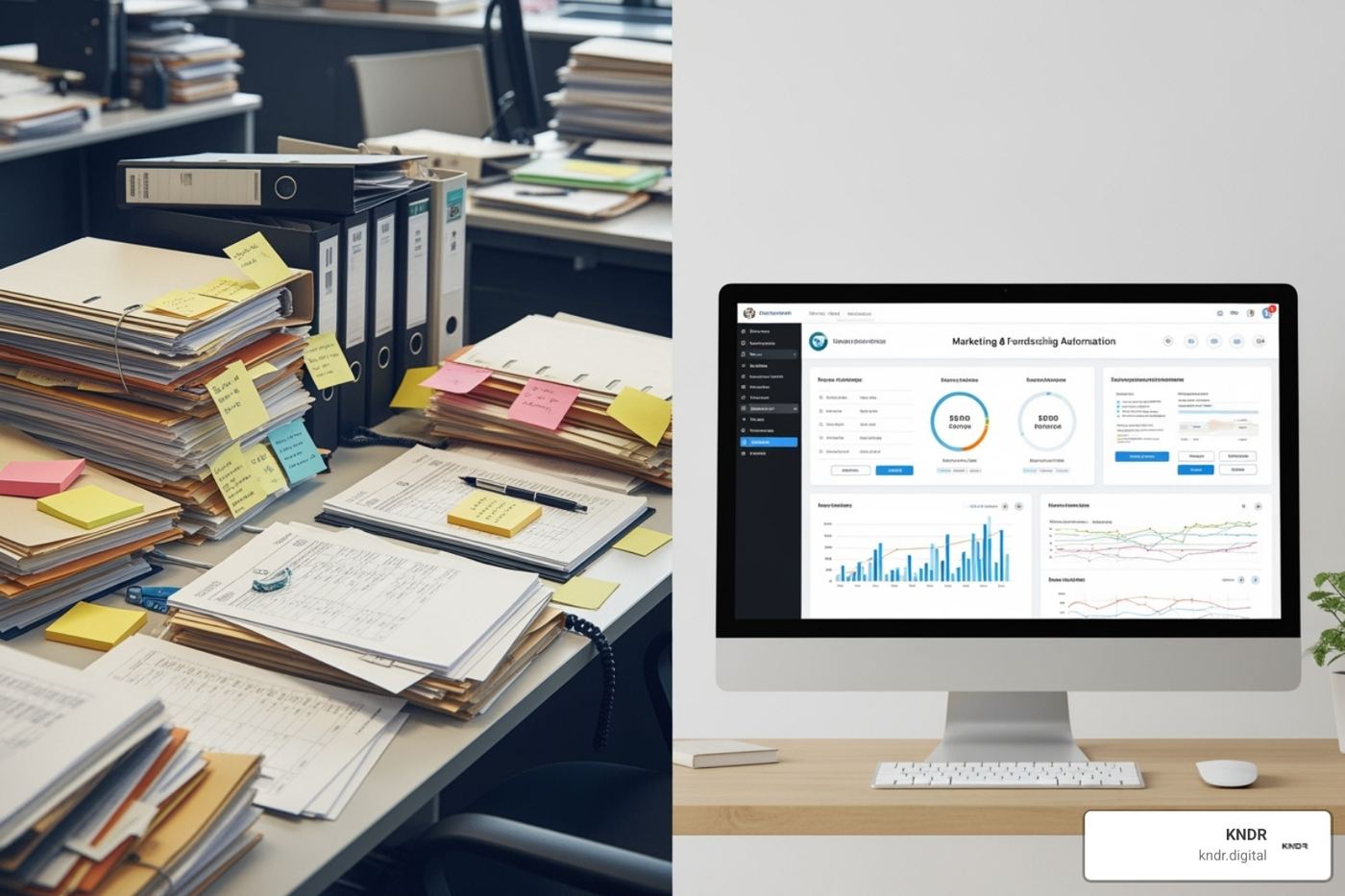contrasting a cluttered desk with manual tasks vs. a clean, automated dashboard - fundraising marketing automation contrasting a cluttered desk with manual tasks vs. a clean, automated dashboard - fundraising marketing automation