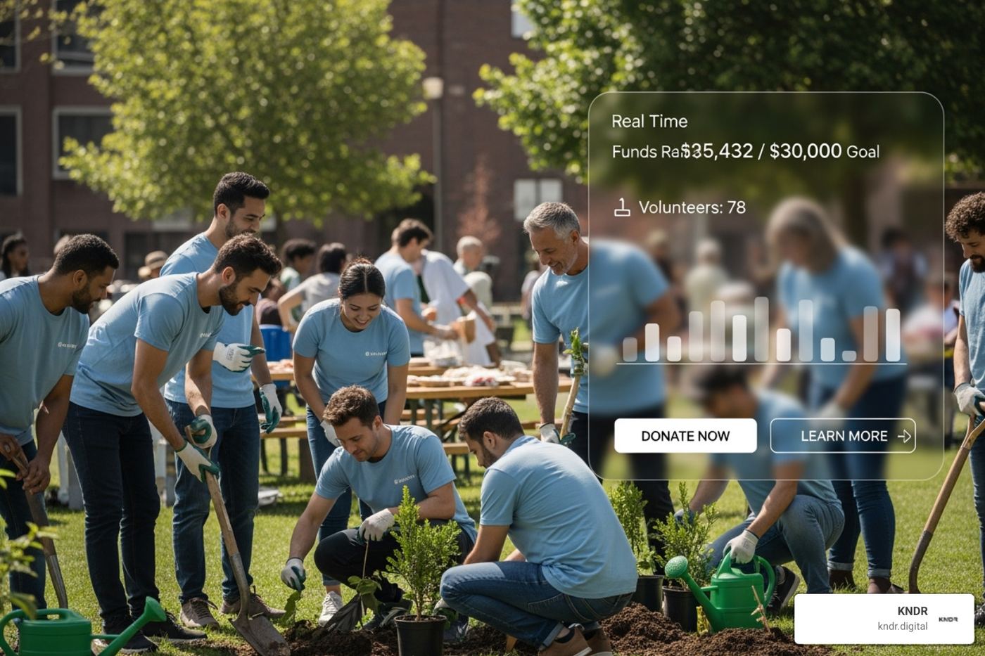 corporate team volunteering with digital giving overlay - charity donation automation corporate team volunteering with digital giving overlay - charity donation automation
