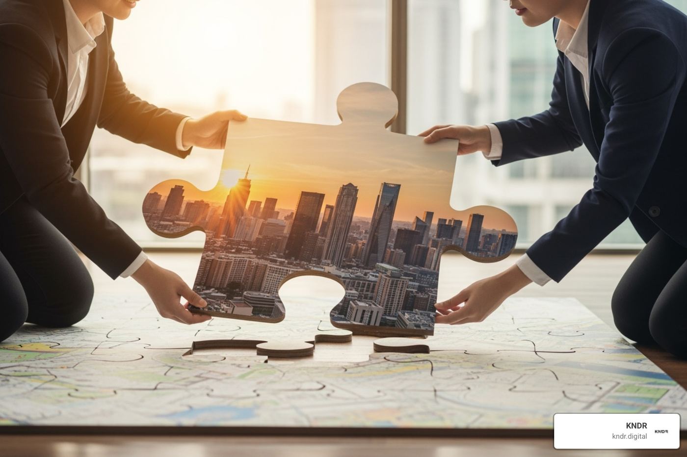 two people fitting puzzle pieces together, representing a successful partnership - digital marketing change consultant