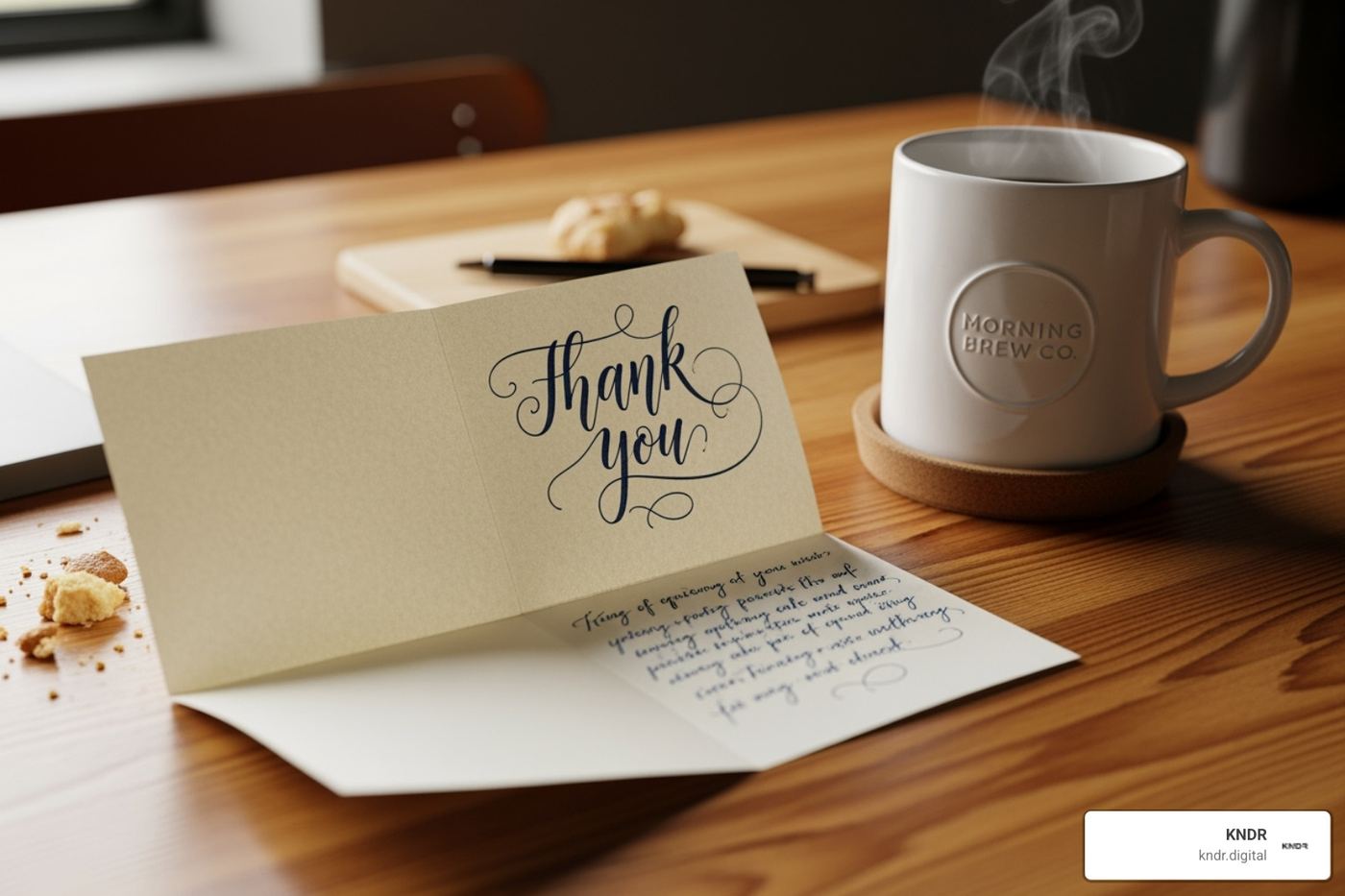 handwritten thank-you note next to a branded mug - nonprofit donor retention