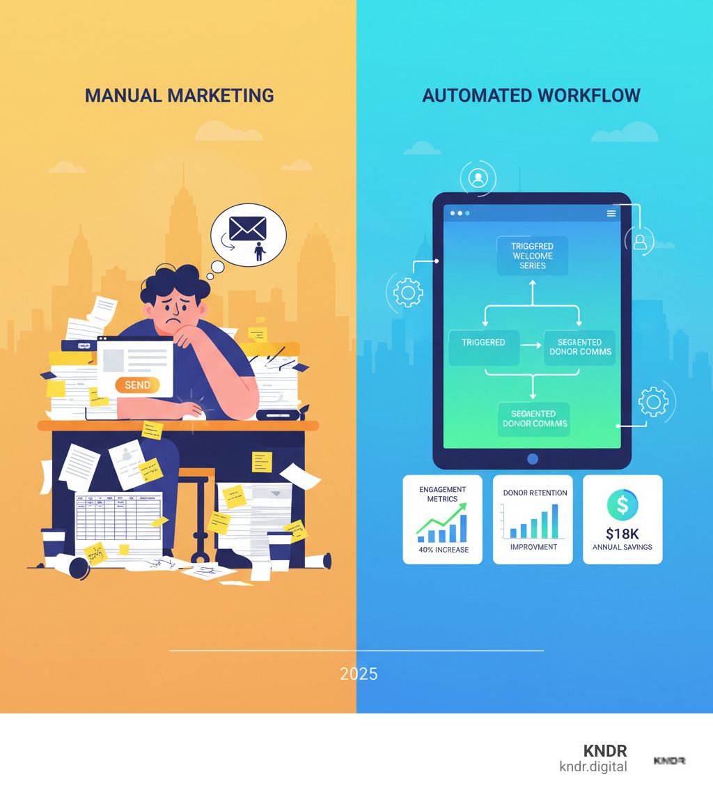 Infographic showing the contrast between manual nonprofit marketing (person at desk with spreadsheets, sticky notes, and overwhelmed expression sending one-off emails) versus automated marketing workflow (clean dashboard displaying triggered welcome series, segmented donor communications, and automated event follow-ups with engagement metrics) - marketing automation for nonprofit organizations cleveland infographic Infographic showing the contrast between manual nonprofit marketing (person at desk with spreadsheets, sticky notes, and overwhelmed expression sending one-off emails) versus automated marketing workflow (clean dashboard displaying triggered welcome series, segmented donor communications, and automated event follow-ups with engagement metrics) - marketing automation for nonprofit organizations cleveland infographic