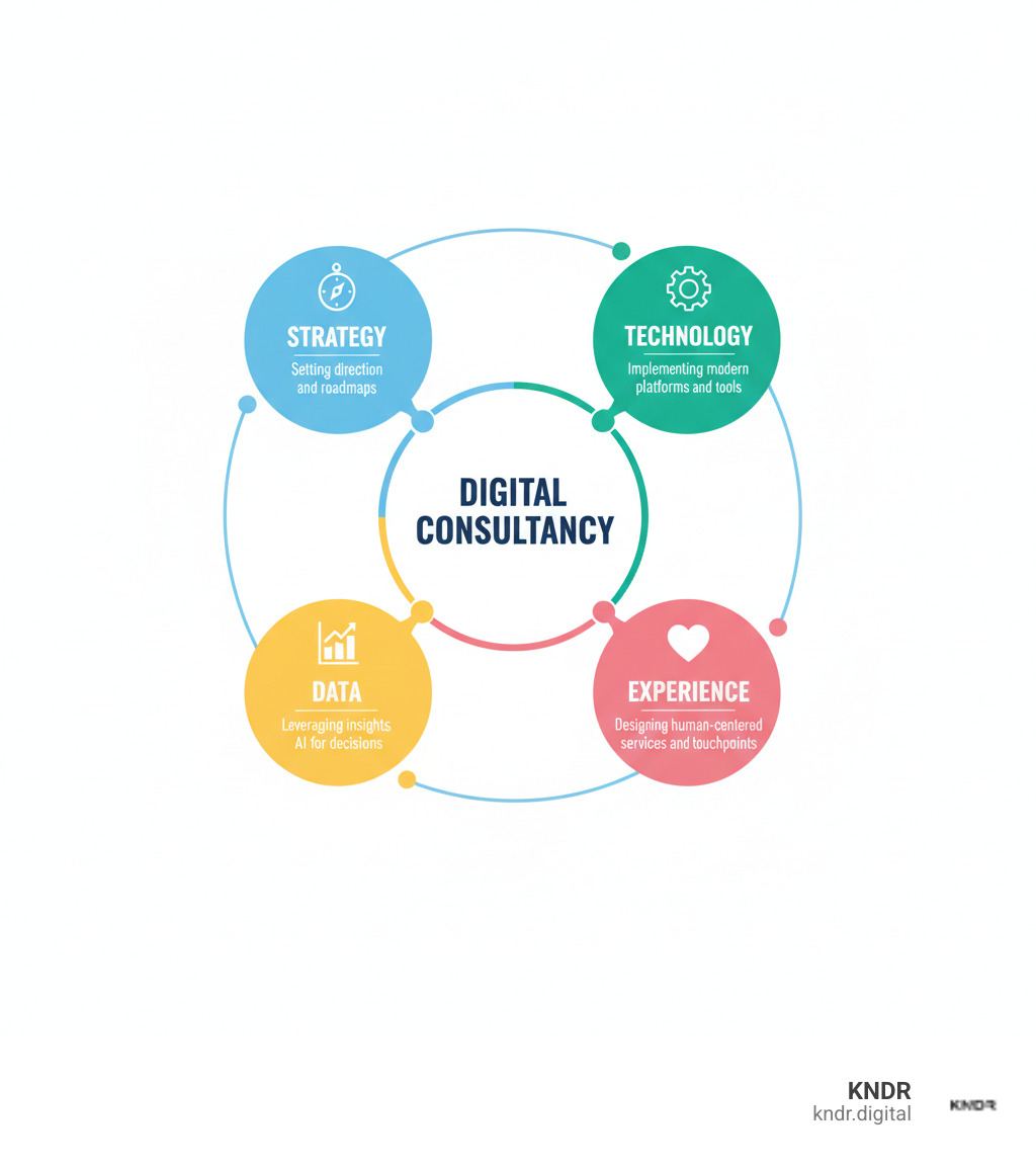 Infographic showing the four key domains of digital consultancy: Strategy (compass icon) - setting direction and roadmaps; Technology (gear icon) - implementing modern platforms and tools; Data (graph icon) - leveraging insights and AI for decisions; Experience (heart icon) - designing human-centered services and touchpoints. All four domains connect in a circle around a central 'Digital Consultancy' hub. - digital consultancy infographic Infographic showing the four key domains of digital consultancy: Strategy (compass icon) - setting direction and roadmaps; Technology (gear icon) - implementing modern platforms and tools; Data (graph icon) - leveraging insights and AI for decisions; Experience (heart icon) - designing human-centered services and touchpoints. All four domains connect in a circle around a central 'Digital Consultancy' hub. - digital consultancy infographic