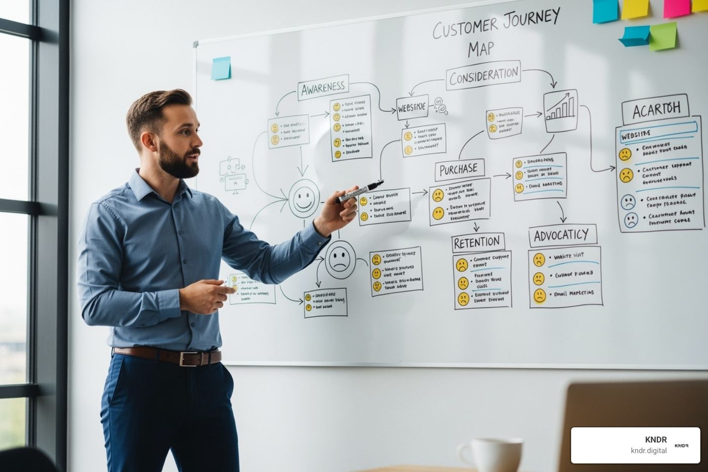 consultant at a whiteboard outlining a customer journey map - digital marketing change consultant