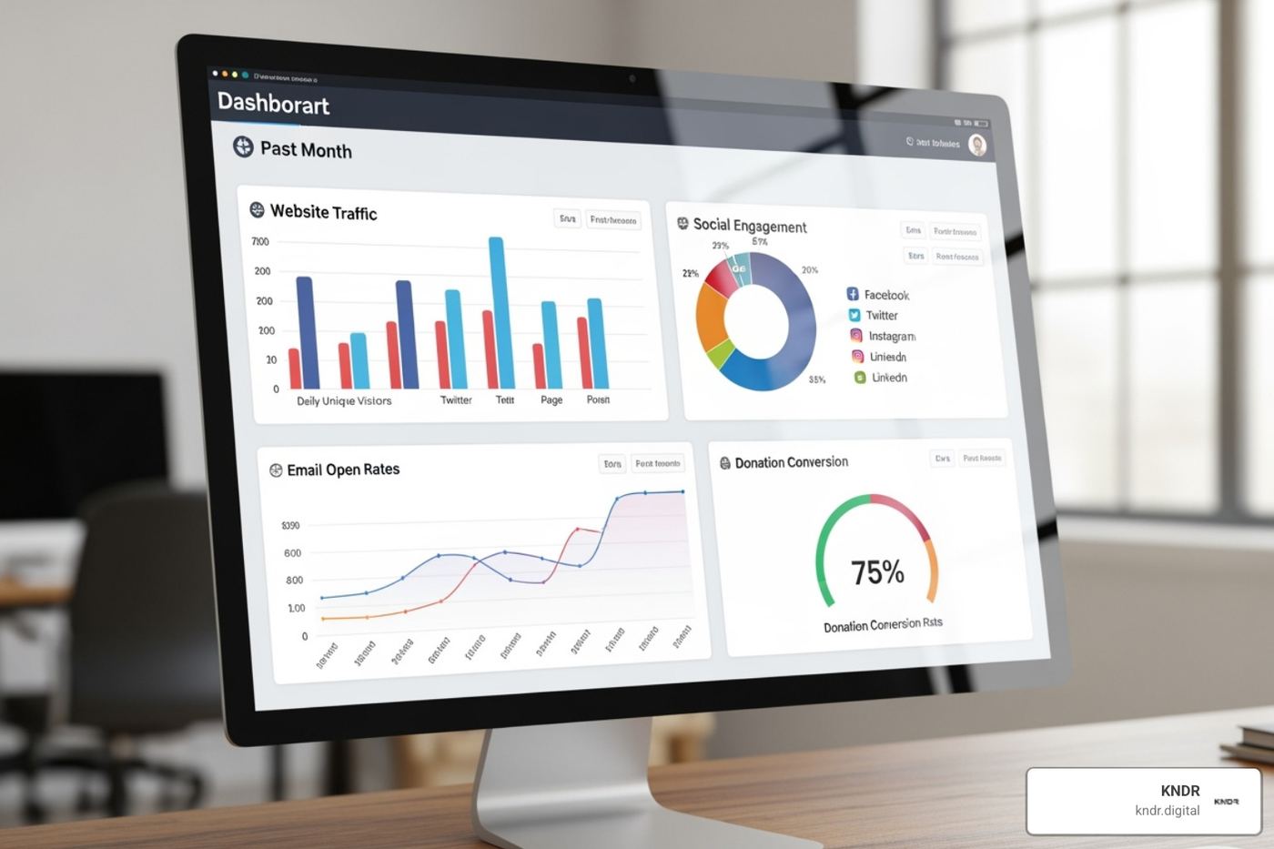 A dashboard displaying analytics from multiple digital channels, including website traffic, social media engagement, email open rates, and donation conversion rates - developing a digital fundraising strategy A dashboard displaying analytics from multiple digital channels, including website traffic, social media engagement, email open rates, and donation conversion rates - developing a digital fundraising strategy