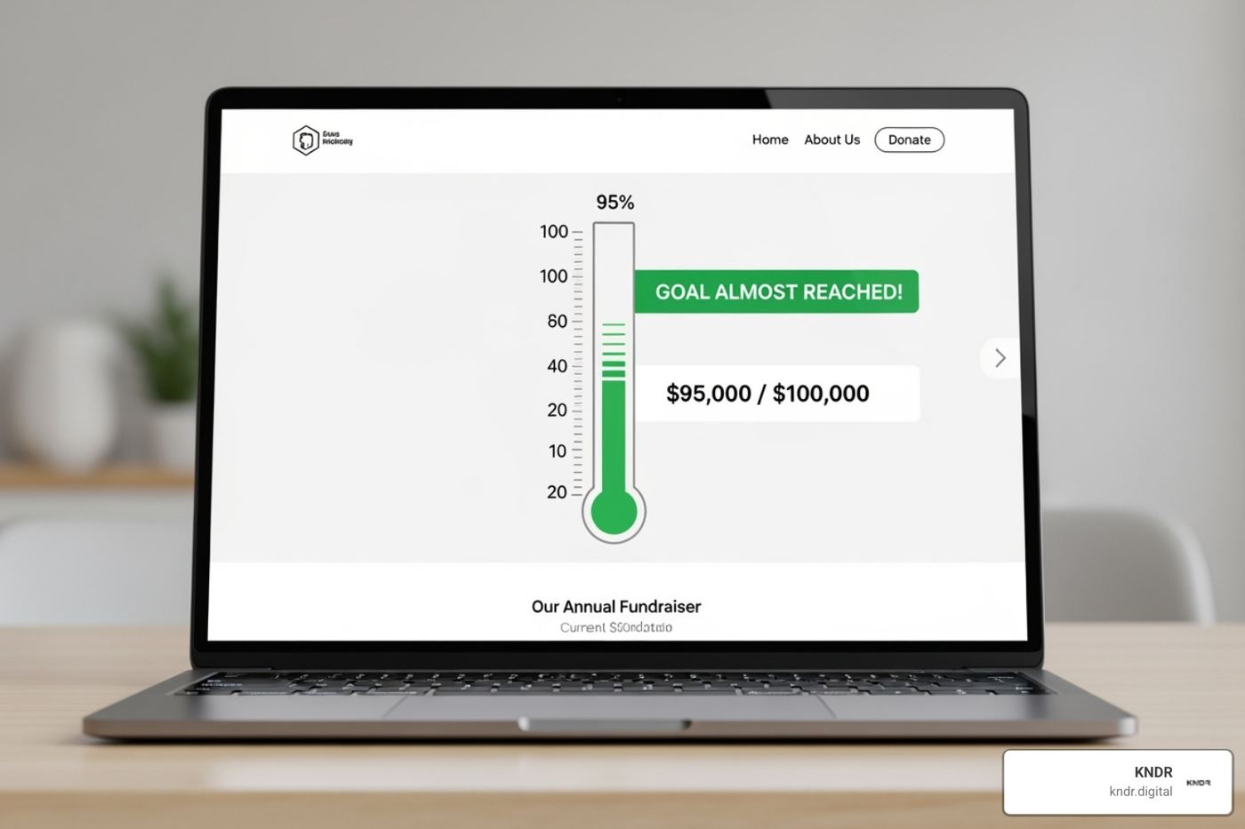 Fundraising thermometer on a campaign webpage nearing its goal - peer to peer fundraising nonprofit