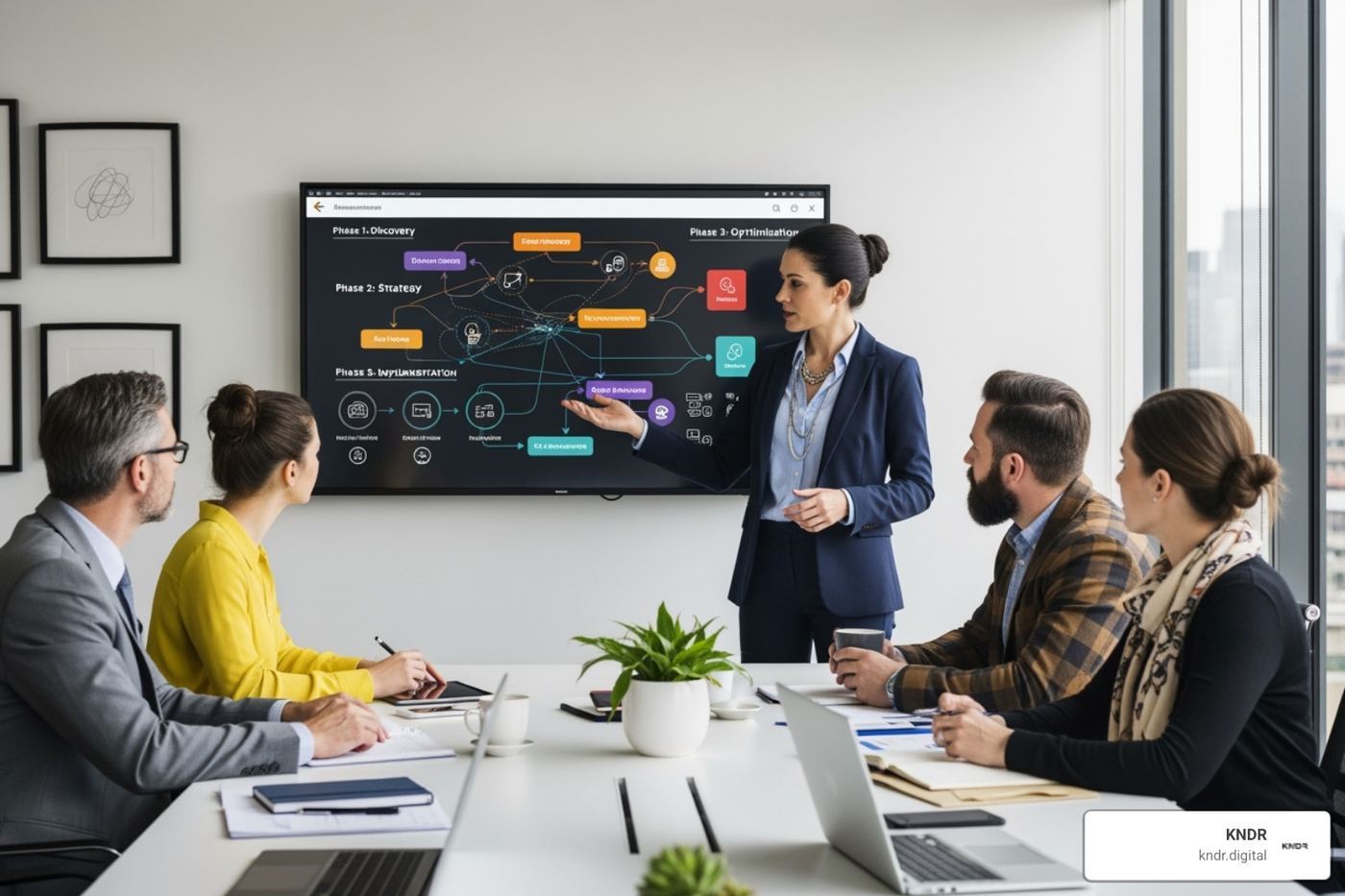 Consultant presenting a digital roadmap to a client team - digital change consulting Consultant presenting a digital roadmap to a client team - digital change consulting