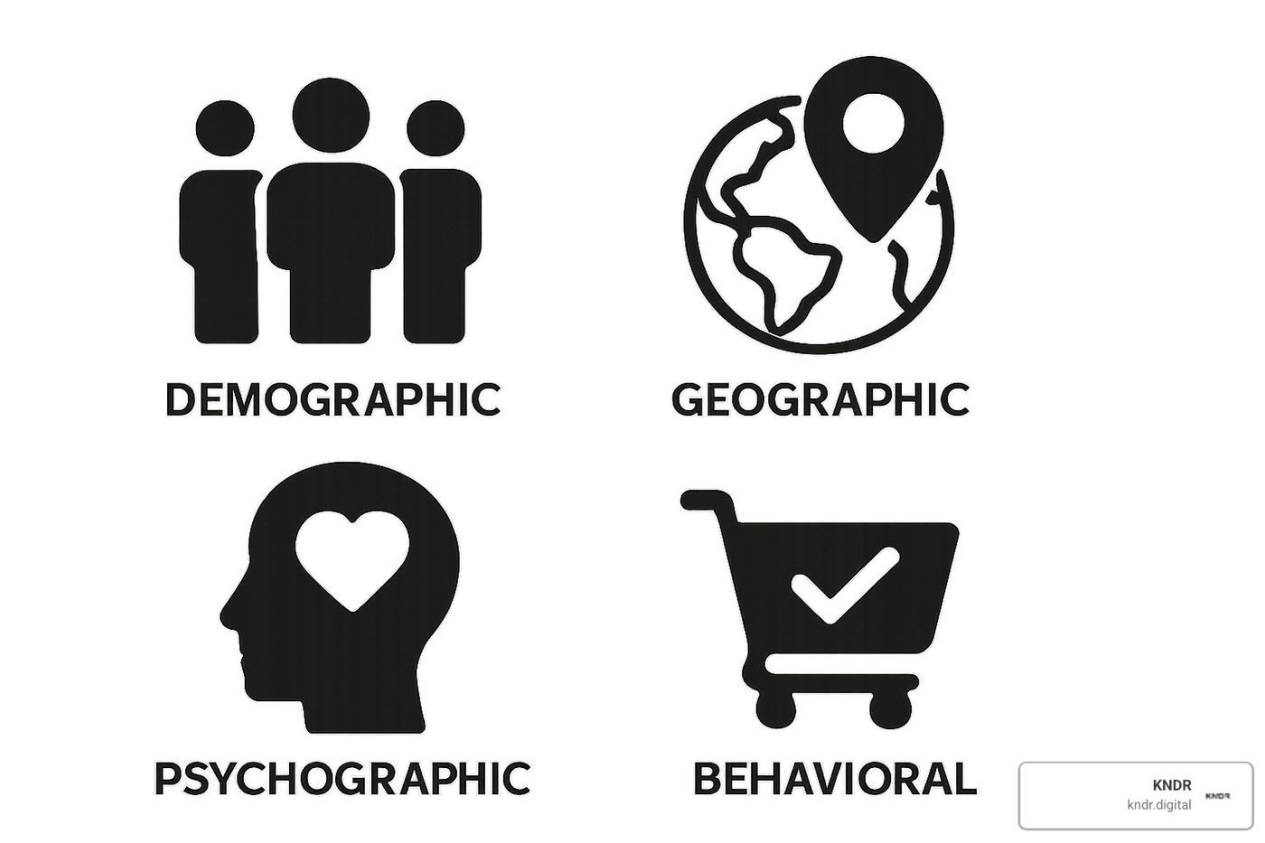 four icons representing demographic, geographic, psychographic, and behavioral data types - donor segmentation strategies
