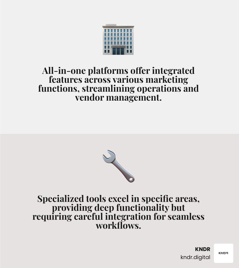 A table comparing key features of All-in-One Platforms vs. Specialized Tools (e.g., CRM, Email, Social Media, Integrations) - how to automate marketing for nonprofits infographic 2_facts_emoji_grey A table comparing key features of All-in-One Platforms vs. Specialized Tools (e.g., CRM, Email, Social Media, Integrations) - how to automate marketing for nonprofits infographic 2_facts_emoji_grey