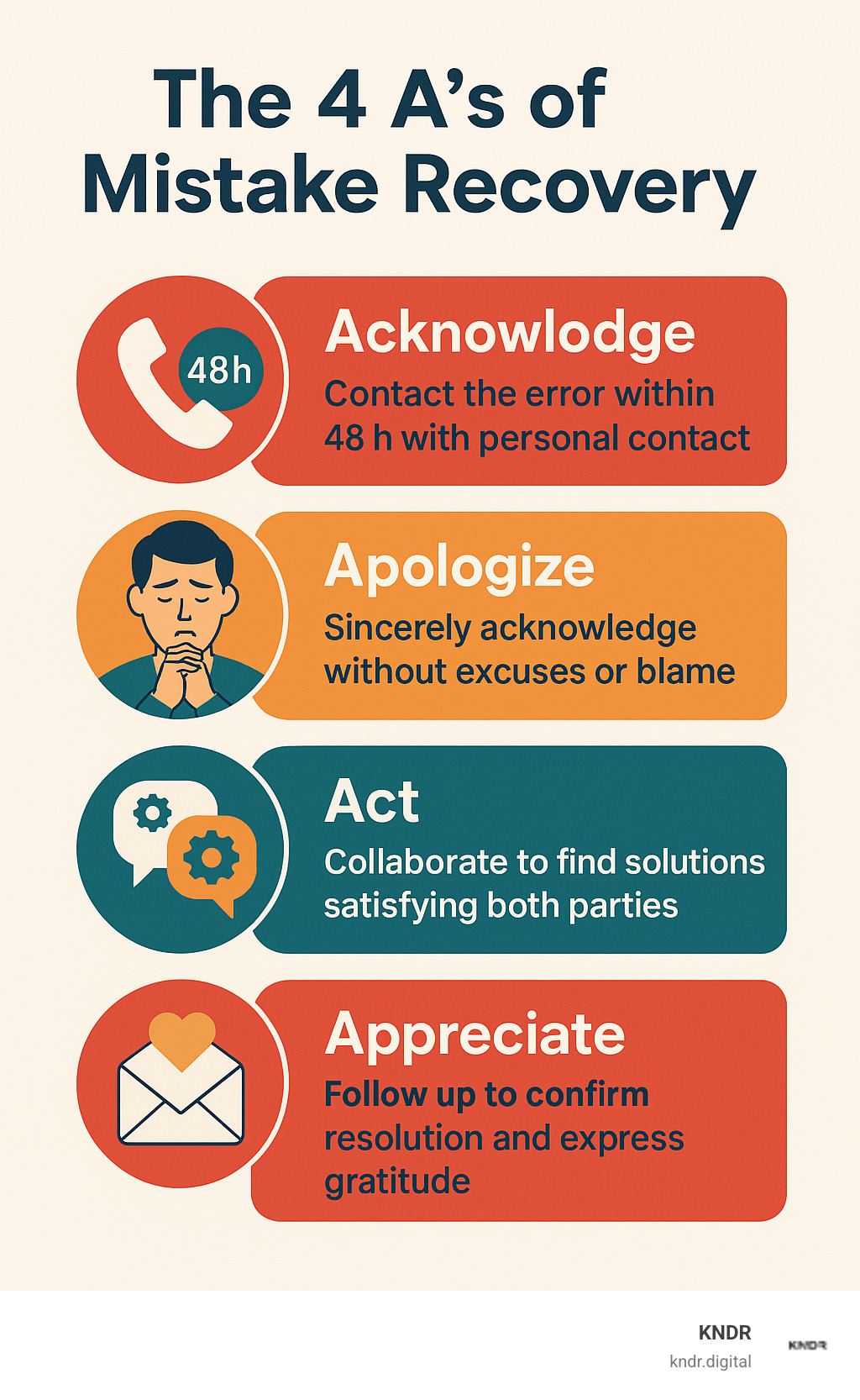 Infographic showing the 4 A's of Mistake Recovery: Acknowledge the error within 48 hours with personal contact, Apologize sincerely without excuses or blame, Act collaboratively to find solutions that satisfy both parties, and Appreciate donors by following up to confirm resolution and express gratitude - how to engage with donors after mistake in nonprofit infographic Infographic showing the 4 A's of Mistake Recovery: Acknowledge the error within 48 hours with personal contact, Apologize sincerely without excuses or blame, Act collaboratively to find solutions that satisfy both parties, and Appreciate donors by following up to confirm resolution and express gratitude - how to engage with donors after mistake in nonprofit infographic