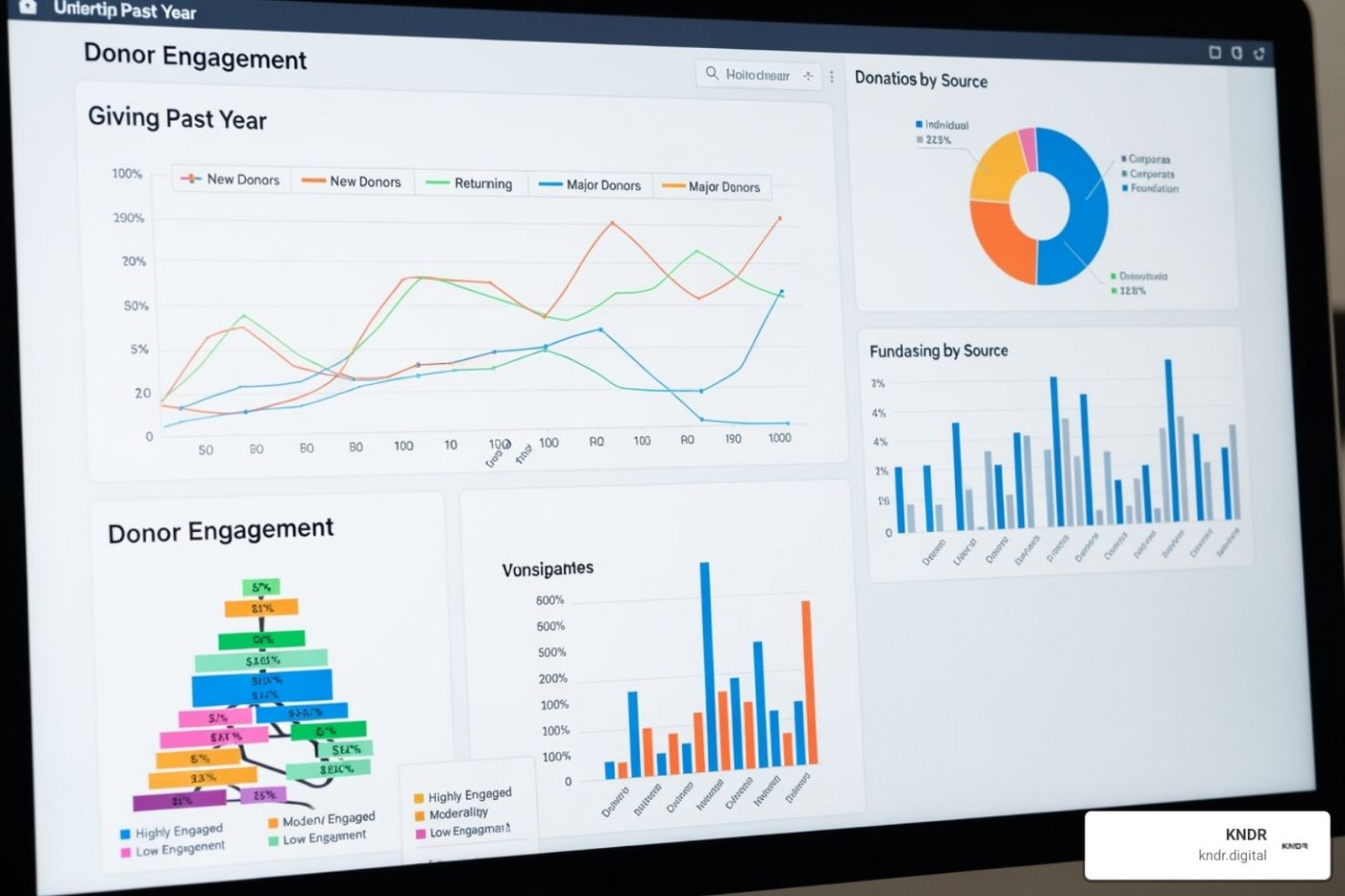 Dashboard with various data visualization charts representing donor engagement and giving trends - donor analytics software Dashboard with various data visualization charts representing donor engagement and giving trends - donor analytics software