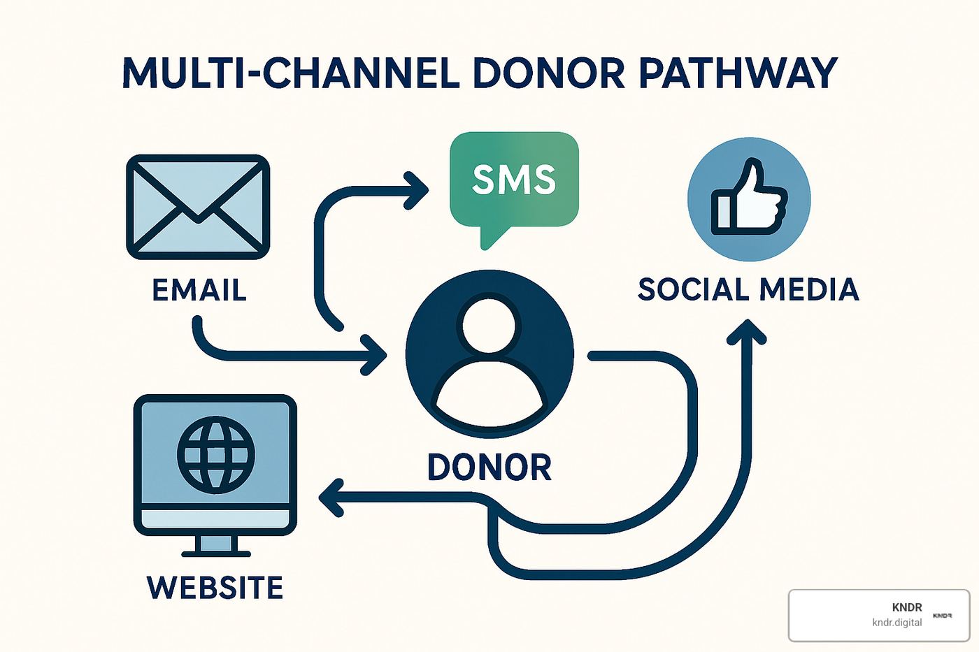 Multi-channel donor pathway showing email, SMS, social and web touchpoints - digital fundraising agency
