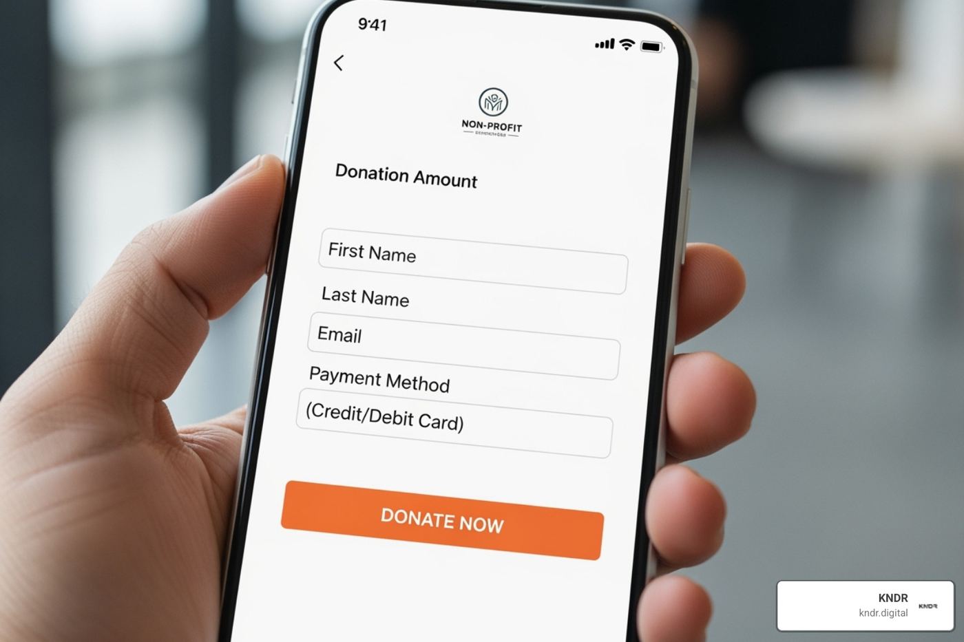 Optimized donation form on a mobile phone, showing clear fields and a large "Donate Now" button. - online fundraising optimization Optimized donation form on a mobile phone, showing clear fields and a large "Donate Now" button. - online fundraising optimization