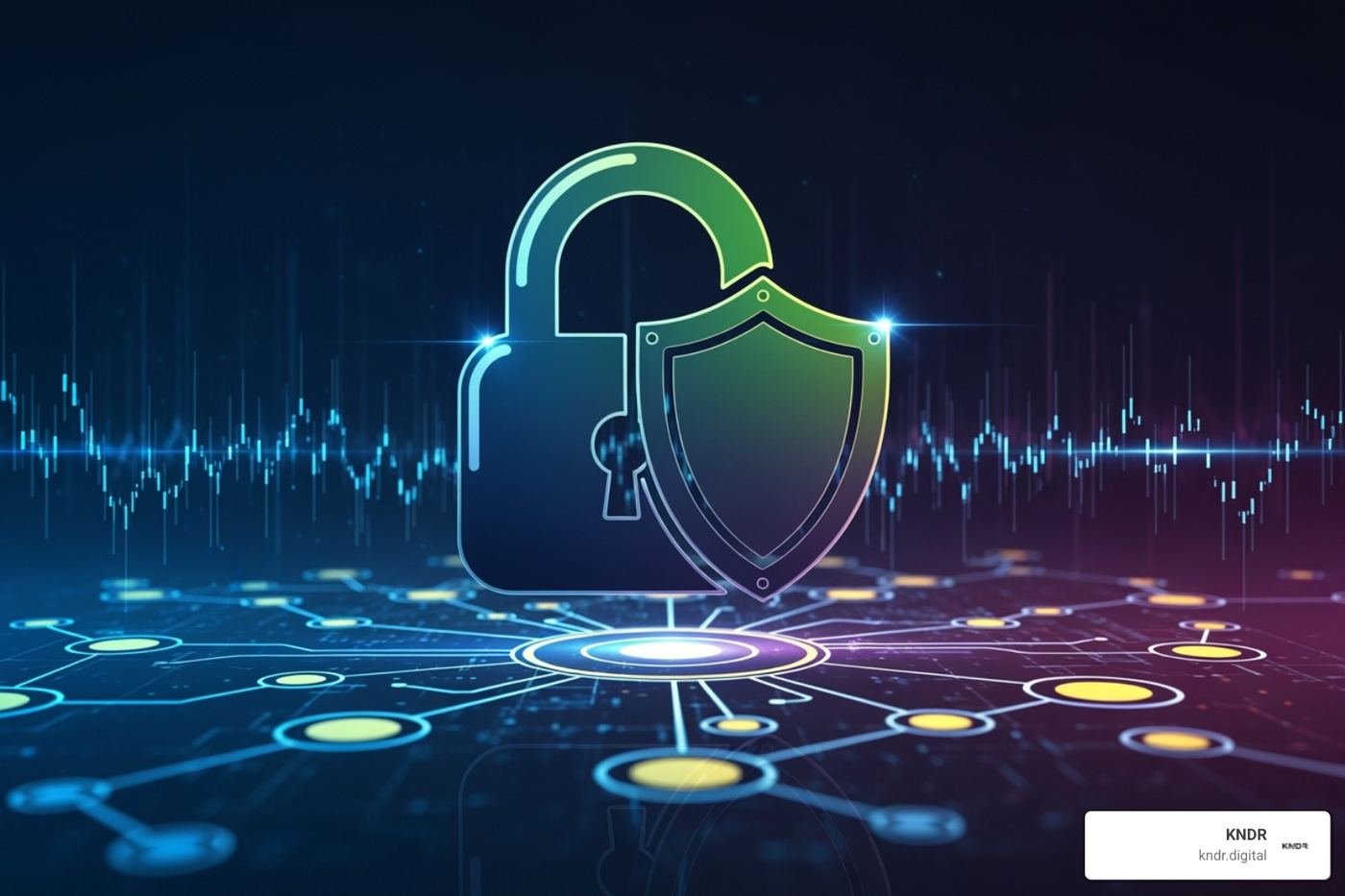 lock and shield icon over a network diagram - AI for nonprofits