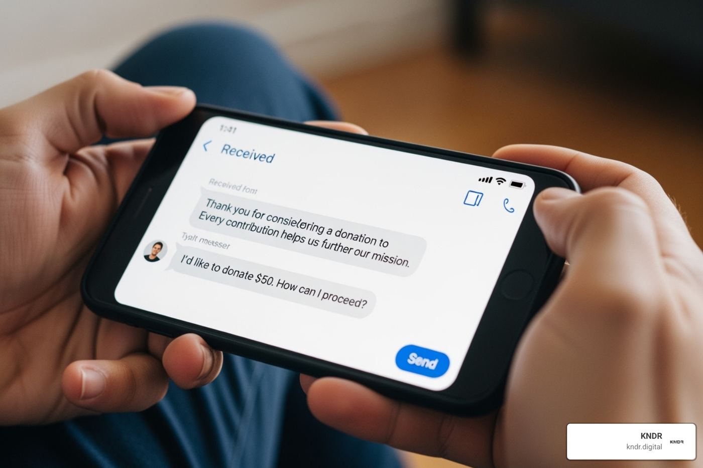A person donating via a text-to-give campaign on their phone - 10 strategies for success with digital fundraising A person donating via a text-to-give campaign on their phone - 10 strategies for success with digital fundraising