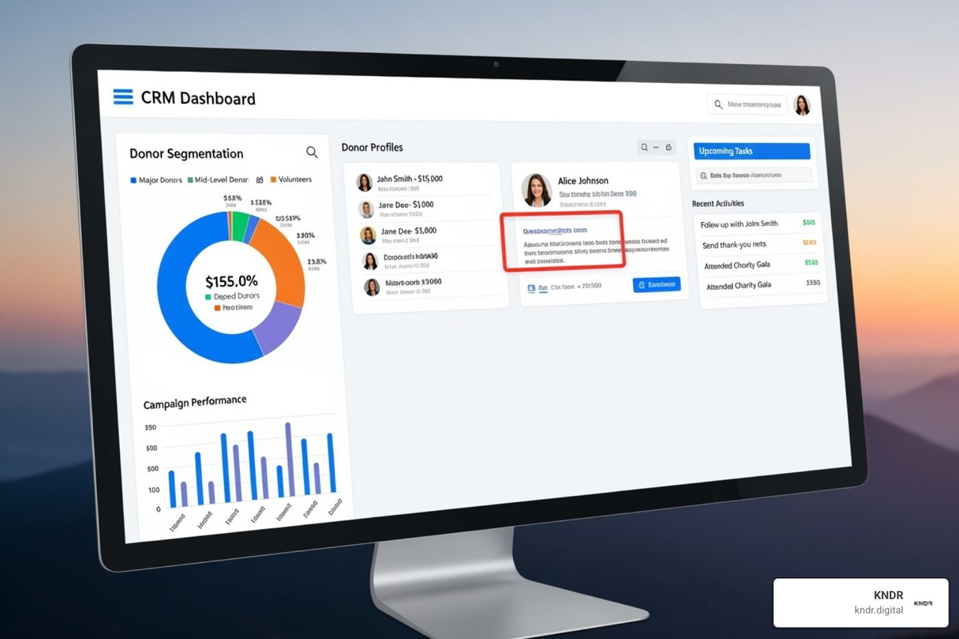 CRM dashboard showing donor segments - Strategic donor engagement CRM dashboard showing donor segments - Strategic donor engagement