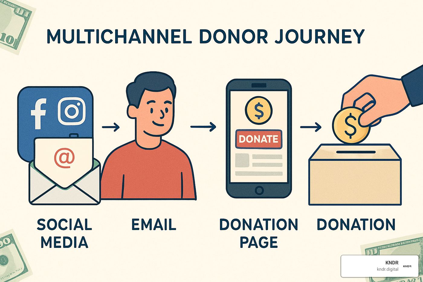 multichannel donor journey showing touchpoints from social media to email to donation completion - digital fundraising for charities