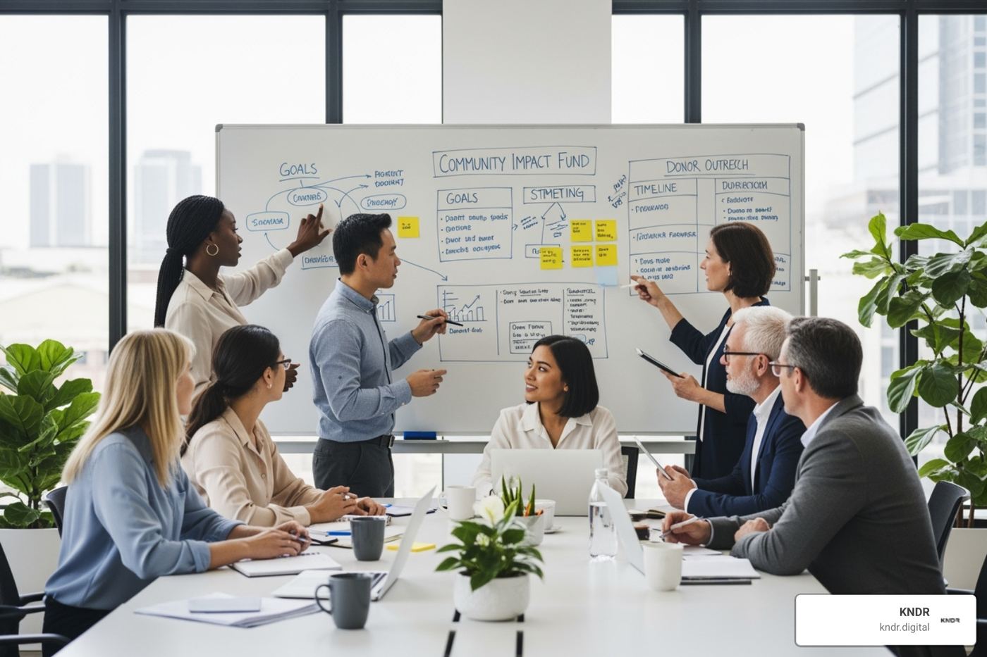 Nonprofit team planning a campaign on a whiteboard - peer to peer fundraising nonprofit