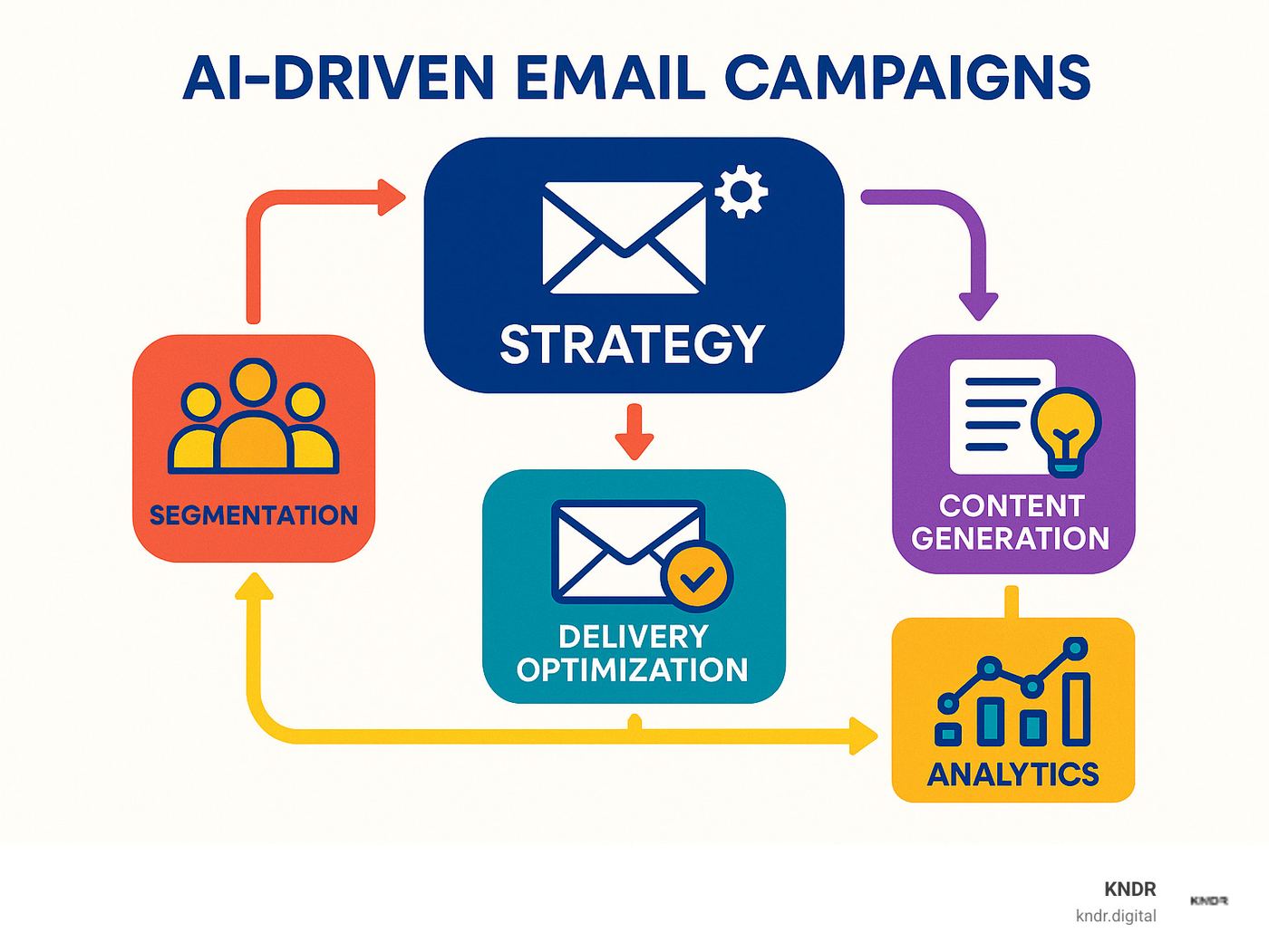 AI email campaign blueprint showing strategy, segmentation, content generation, delivery optimization, and analytics - AI driven email campaigns infographic 