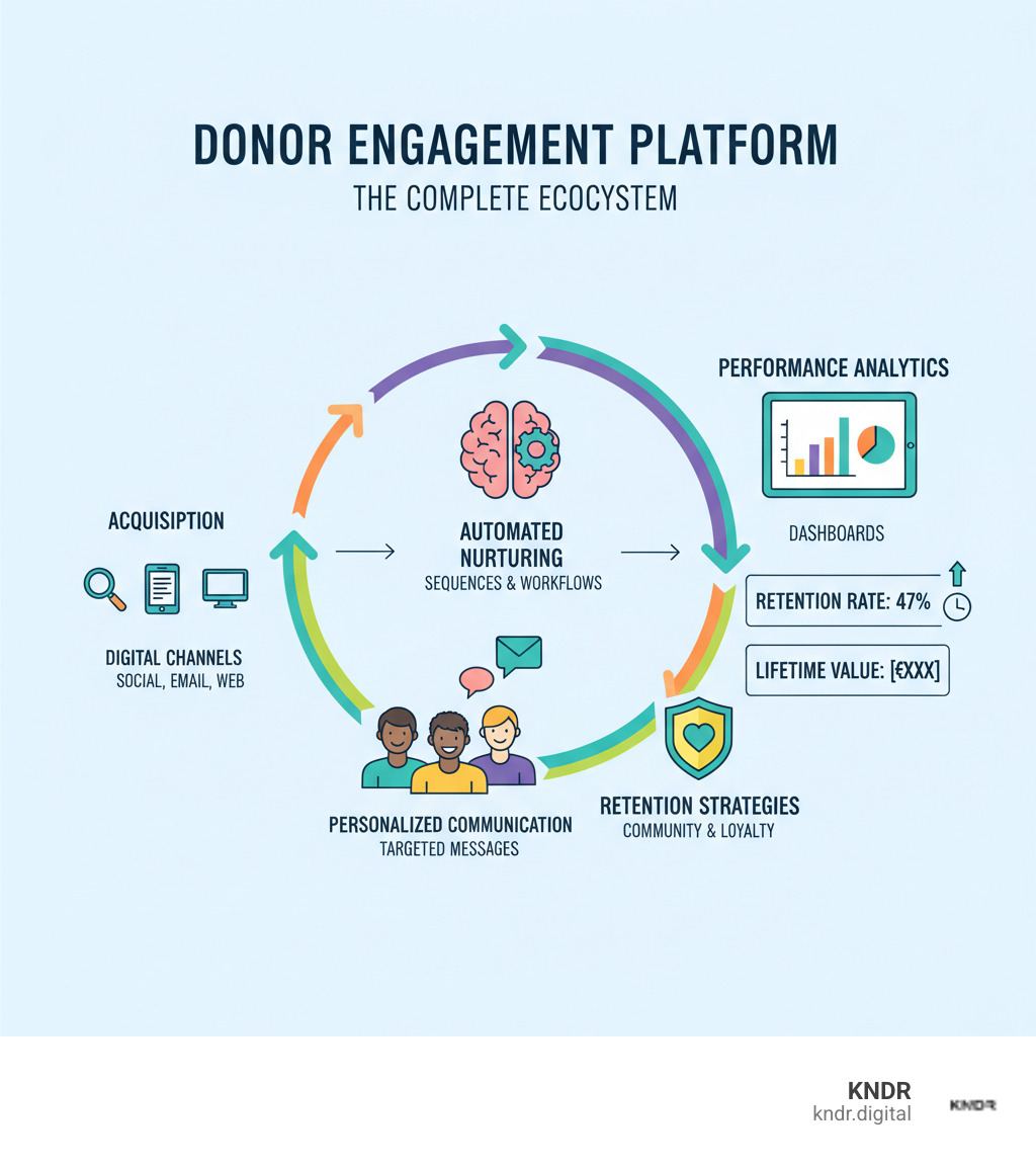 Comprehensive infographic showing the complete donor engagement platform ecosystem, including donor acquisition through digital channels, automated nurturing sequences, personalized communication workflows, retention strategies, and performance analytics dashboards with key metrics like retention rates and lifetime value calculations - donor engagement platform infographic Comprehensive infographic showing the complete donor engagement platform ecosystem, including donor acquisition through digital channels, automated nurturing sequences, personalized communication workflows, retention strategies, and performance analytics dashboards with key metrics like retention rates and lifetime value calculations - donor engagement platform infographic