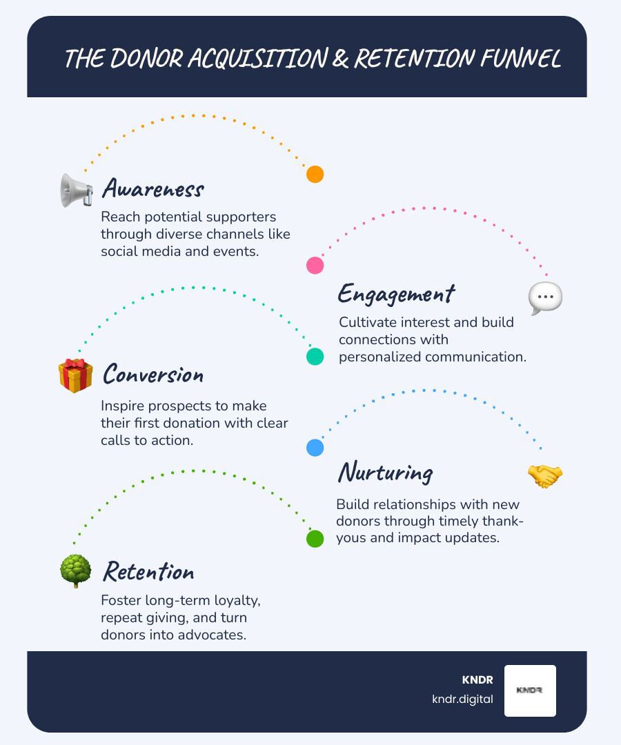 infographic showing donor acquisition funnel from awareness through first gift to retention with key metrics at each stage - donor acquisition software infographic infographic-line-5-steps-blues-accent_colors infographic showing donor acquisition funnel from awareness through first gift to retention with key metrics at each stage - donor acquisition software infographic infographic-line-5-steps-blues-accent_colors