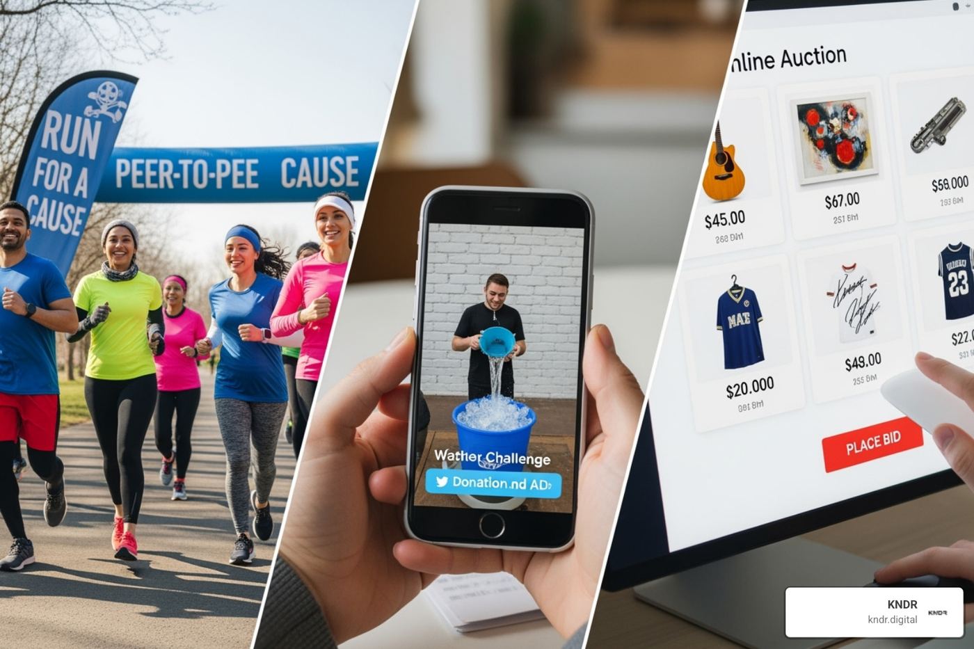 Collage of diverse online fundraising campaigns: a peer-to-peer run, a social media challenge, and an online auction. - online fundraising optimization Collage of diverse online fundraising campaigns: a peer-to-peer run, a social media challenge, and an online auction. - online fundraising optimization