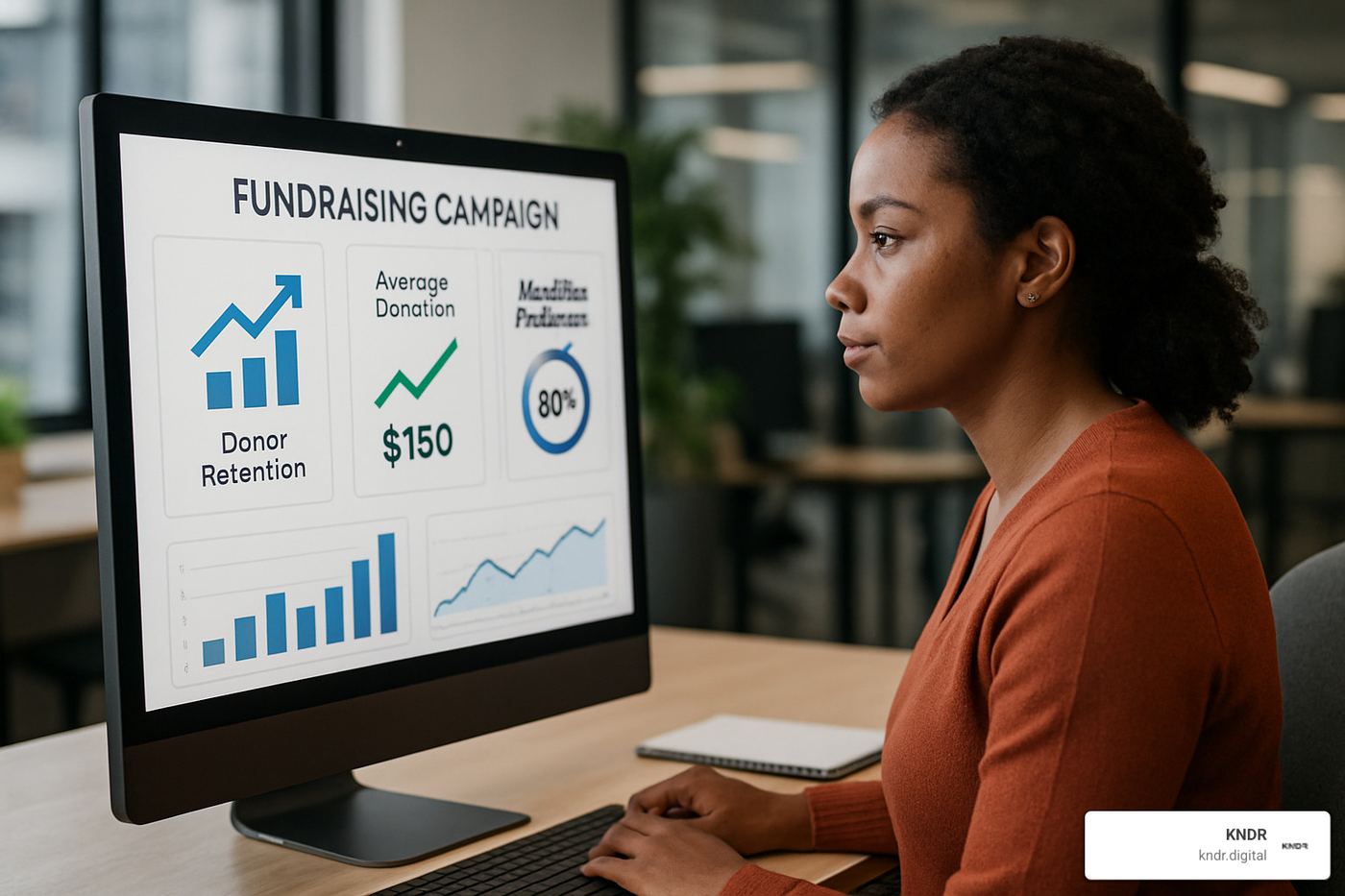 successful fundraising campaign dashboard showing increased donor retention, higher average gifts, and automated workflow efficiency metrics - donor management software