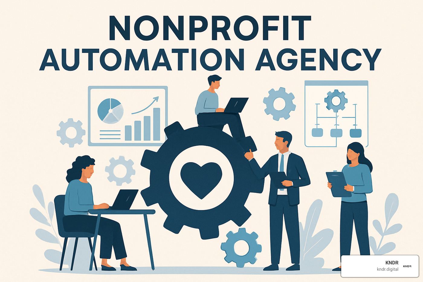 split-screen showing a stressed employee buried in paperwork on one side, and a relaxed, smiling employee engaging with a donor on the other - nonprofit automation agency