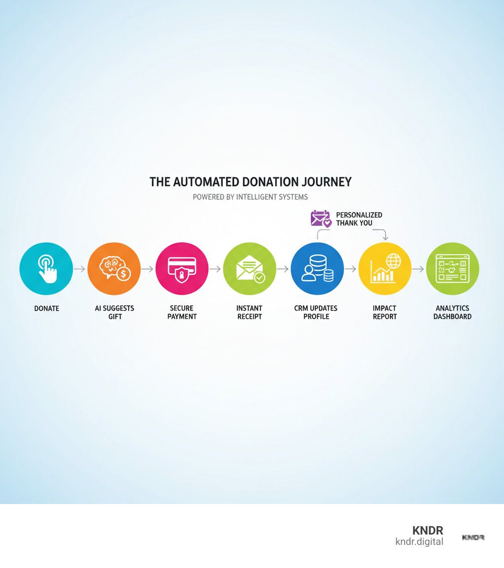 Infographic showing the automated donation journey: Donor clicks donate button → AI suggests optimal gift amount → Payment processes securely → Automated receipt sent instantly → CRM records gift and updates donor profile → Personalized thank you email sent → Recurring reminder scheduled → Impact report generated automatically → Data flows to analytics dashboard - charity donation automation infographic Infographic showing the automated donation journey: Donor clicks donate button → AI suggests optimal gift amount → Payment processes securely → Automated receipt sent instantly → CRM records gift and updates donor profile → Personalized thank you email sent → Recurring reminder scheduled → Impact report generated automatically → Data flows to analytics dashboard - charity donation automation infographic